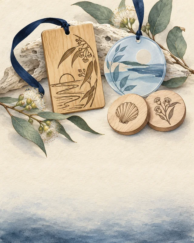 Concept illustration of engraved timber keepsakes and a pale blue acrylic ornament