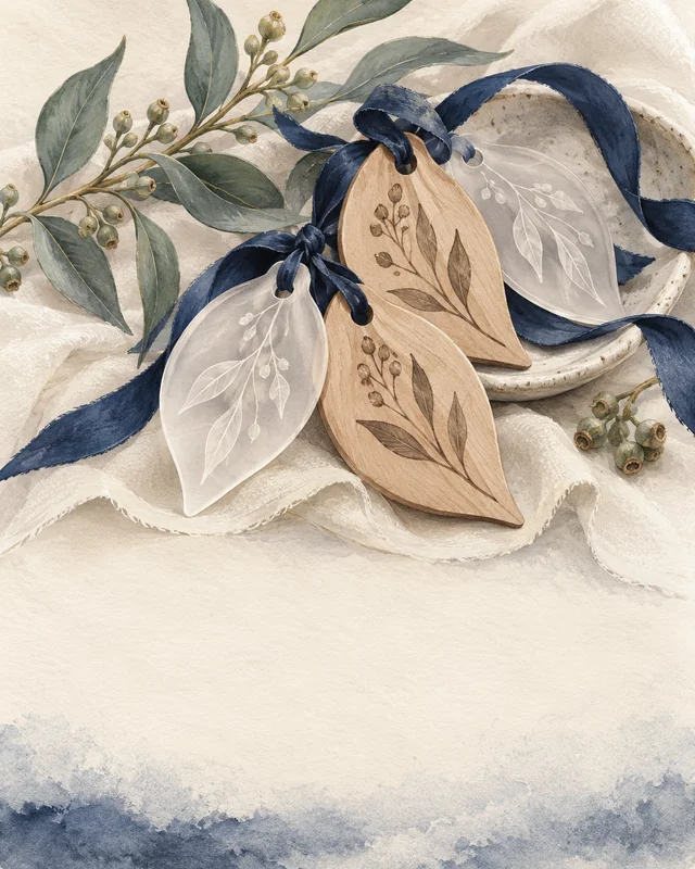 Concept illustration of botanical timber and acrylic wedding favours with navy ribbon