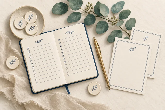Illustration of a wedding planning notebook, invitation cards and eucalyptus