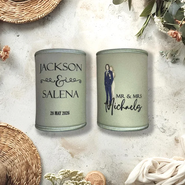 Sage green stubby coolers with personalised names and a custom couple illustration